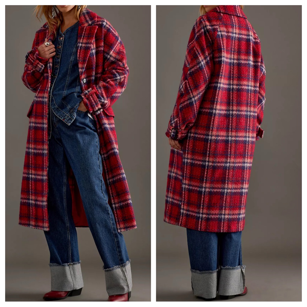 Anthropologie Double-Breasted Checked Wool Maxi Coat | 8 New